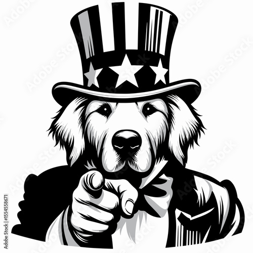 Golden Retriever Dog wear american top hat as uncle sam point index finger to viewer. 4th of July Flag Patriotism Usa America Independence Day Clipart Line Art Vector Illustration. Canine.