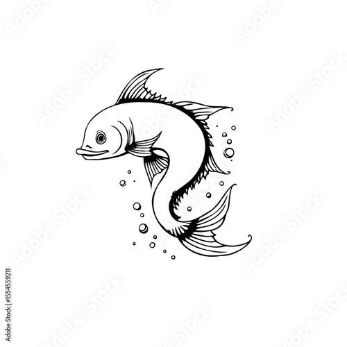 Elegant monochrome drawing of a fish swimming gracefully with bubbles in a minimalist style artwork