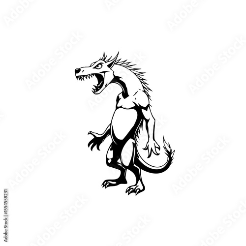 Stylized depiction of an anthropomorphic creature with dog and dragon like features standing isolated against a white background