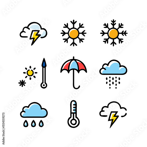 Weather Forecast Vector Icon Set – 10 Colorful Icons Including Sun, Cloud, Rain, Snow, Tornado, Thermometer, and Storm for App UI, Infographics, and Design	