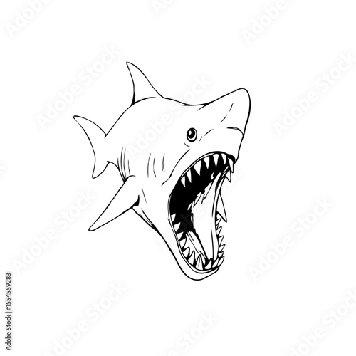 Detailed black and white shark illustration with open mouth showcasing sharp teeth swimming in the ocean