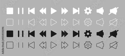 Set of media player button icons black and white colors. Media player interface outline element with editable stroke. Audio and video app, device screen control sing. Start stop next volume settings.