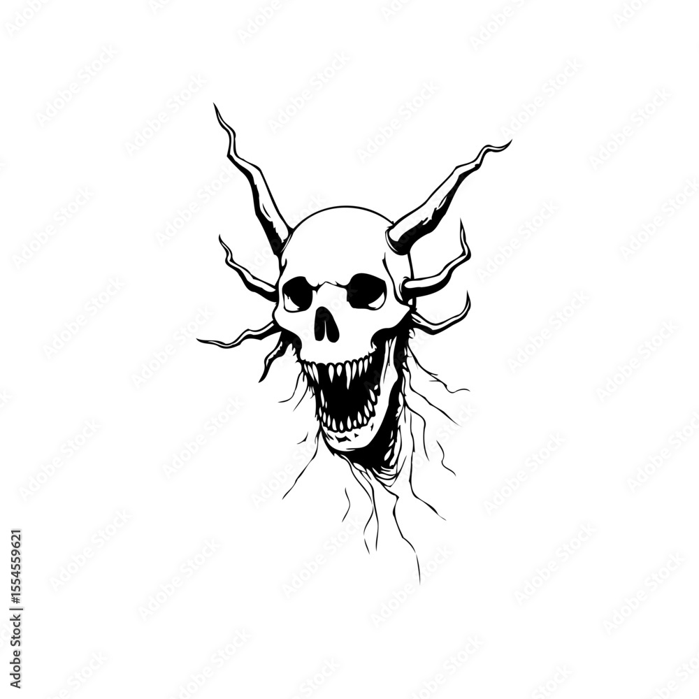 Obraz premium Drawing of a skull with horns and sharp teeth embodies dark and aggressive imagery perfect