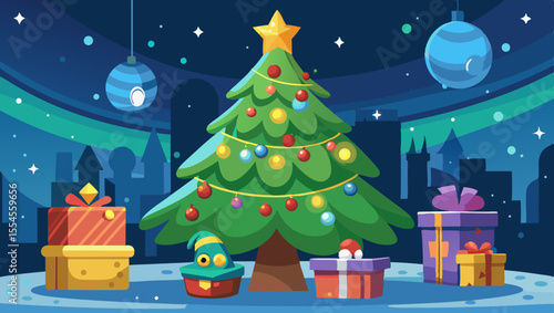 Festive christmas tree surrounded by gifts under the northern lights