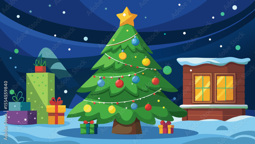 Obraz premium Festive christmas tree decorated with ornaments and gifts under a starry night sky
