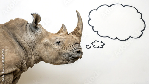 A rhinoceros looks at a blank thought bubble isolated on white background