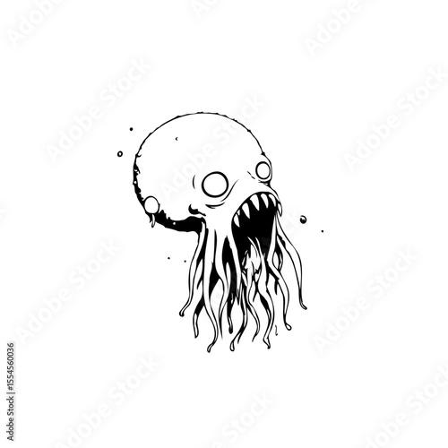 Creepy hand drawn illustration of a monster or alien with tentacles and big eyes it is a horror drawing