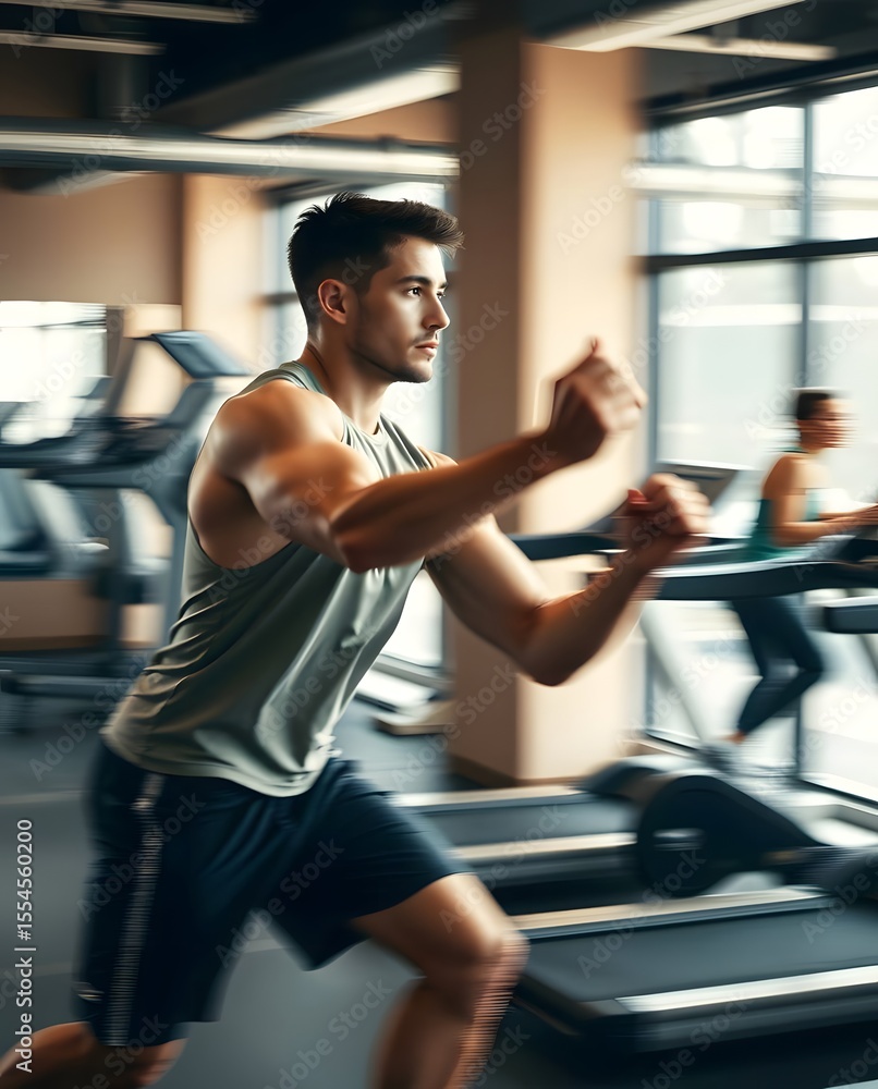 Determined Young Man Running on Treadmill in Modern Gym; Intense Fitness Workout; Healthy Lifestyle Stock Photo Determined Young Man Running on Treadmill in Modern Gym; Intense Fitness Workout; Healthy Lifestyle Stock Photo