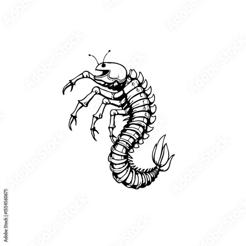 Stylized insect illustration showing fantasy creature with mechanical robotic body concept art design, with monochrome aesthetics
