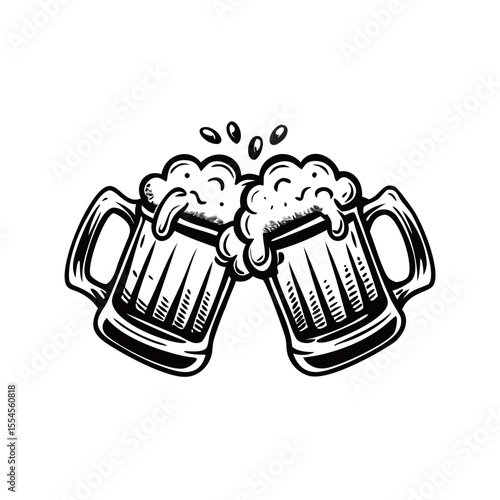 Two beer mugs clinking with foam splashing in vintage engraving style, dynamic celebration symbol. Oktoberfest drink icon concept pub event design, brewery label, festive alcohol advertising