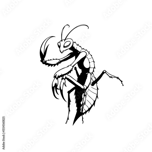 Intricate cartoon praying mantis illustration embodying a unique hand drawn insect character design element