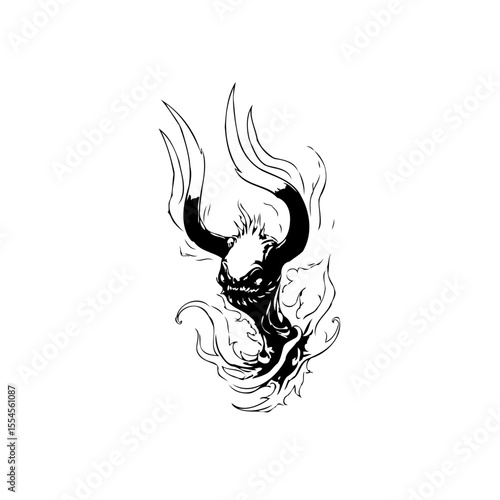 Stylized depiction of a demonic creature with horns surrounded by smoke artistic dark representation scary graphic