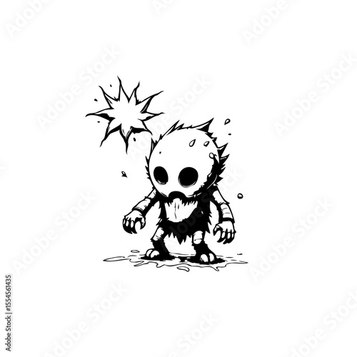 Whimsical creature in simple black and white style with spooky eyes and sharp crown