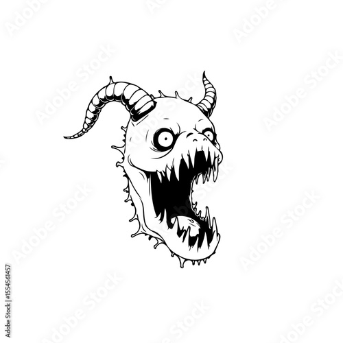 Creepy horned monster illustration featuring sharp teeth open mouth ready for a dark halloween night scary drawing