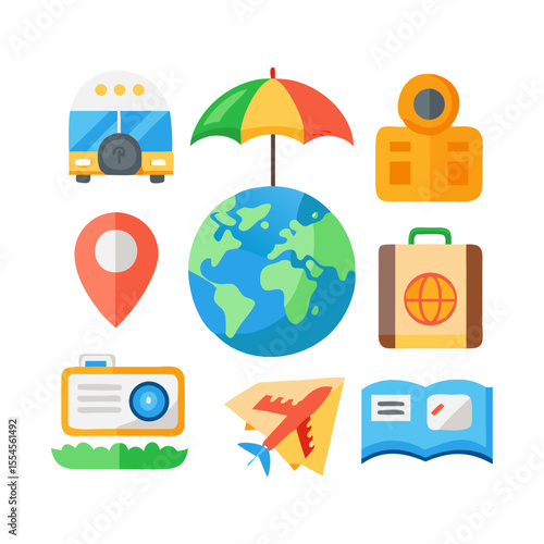 Travel & Vacation Vector Icon Set – 10 Colorful Icons Like Plane, Passport, Hotel, Map, Beach, and Globe for Travel UI, Booking Apps, and Tourism Guides