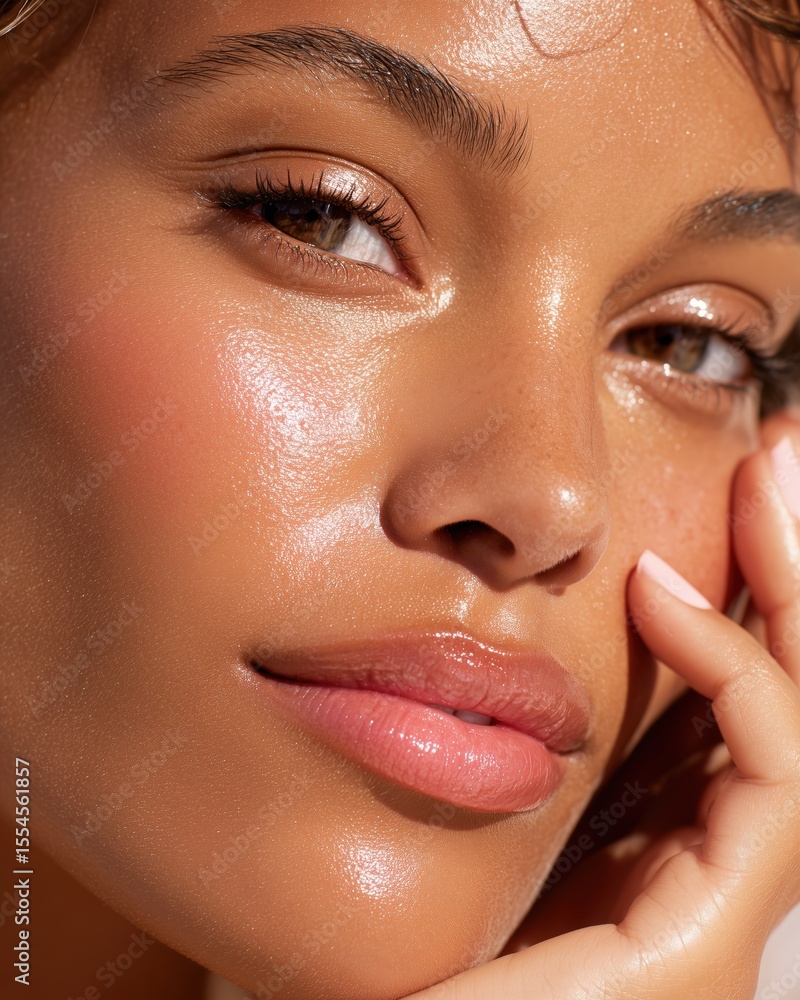 Naklejka premium Close-up portrait highlights a beautiful woman's luminous skin, featuring a radiant complexion and healthy makeup look.