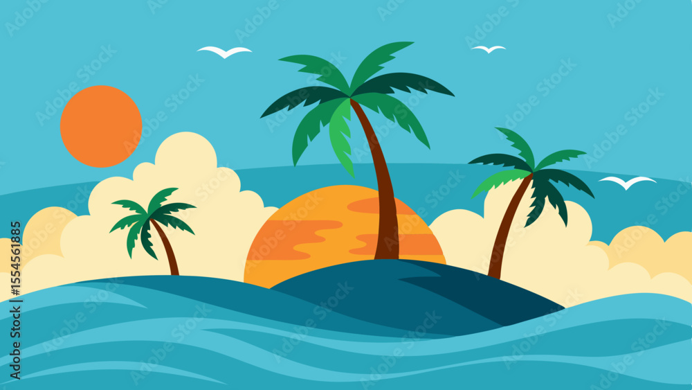 Fototapeta premium Tropical Beach Island Vector Scene