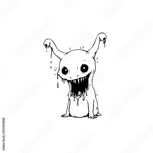 Eerie and captivating hand drawn illustration of a cute monster with a playful yet unsettling vibe
