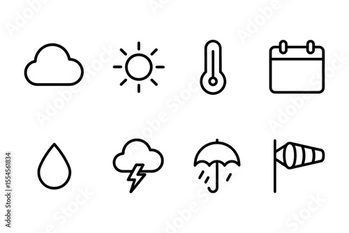 Weather icons collection featuring cloud, sun, thermometer, calendar, raindrop, storm, umbrella, and windsock, vector illustration