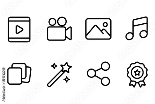 Multimedia icons set featuring video, image, music, and magical elements, vector illustration