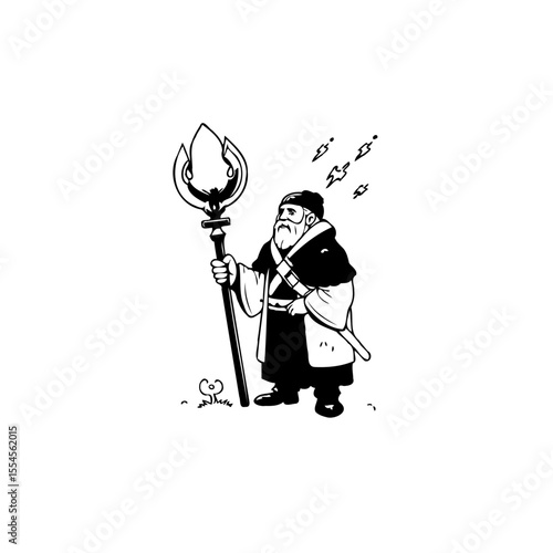 Cartoon sorcerer with a magical staff evoking fantasy themes, against a crisp white background showcasing artistry