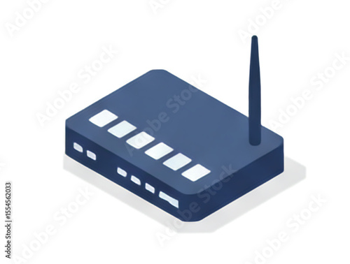 Isometric illustration of a dark blue wireless router with an antenna on a white background.