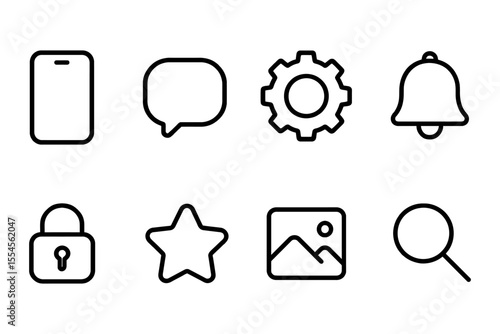 Minimalist digital interface icons set featuring smartphone, chat, settings, notification, security, favorites, gallery, and search, vector illustration