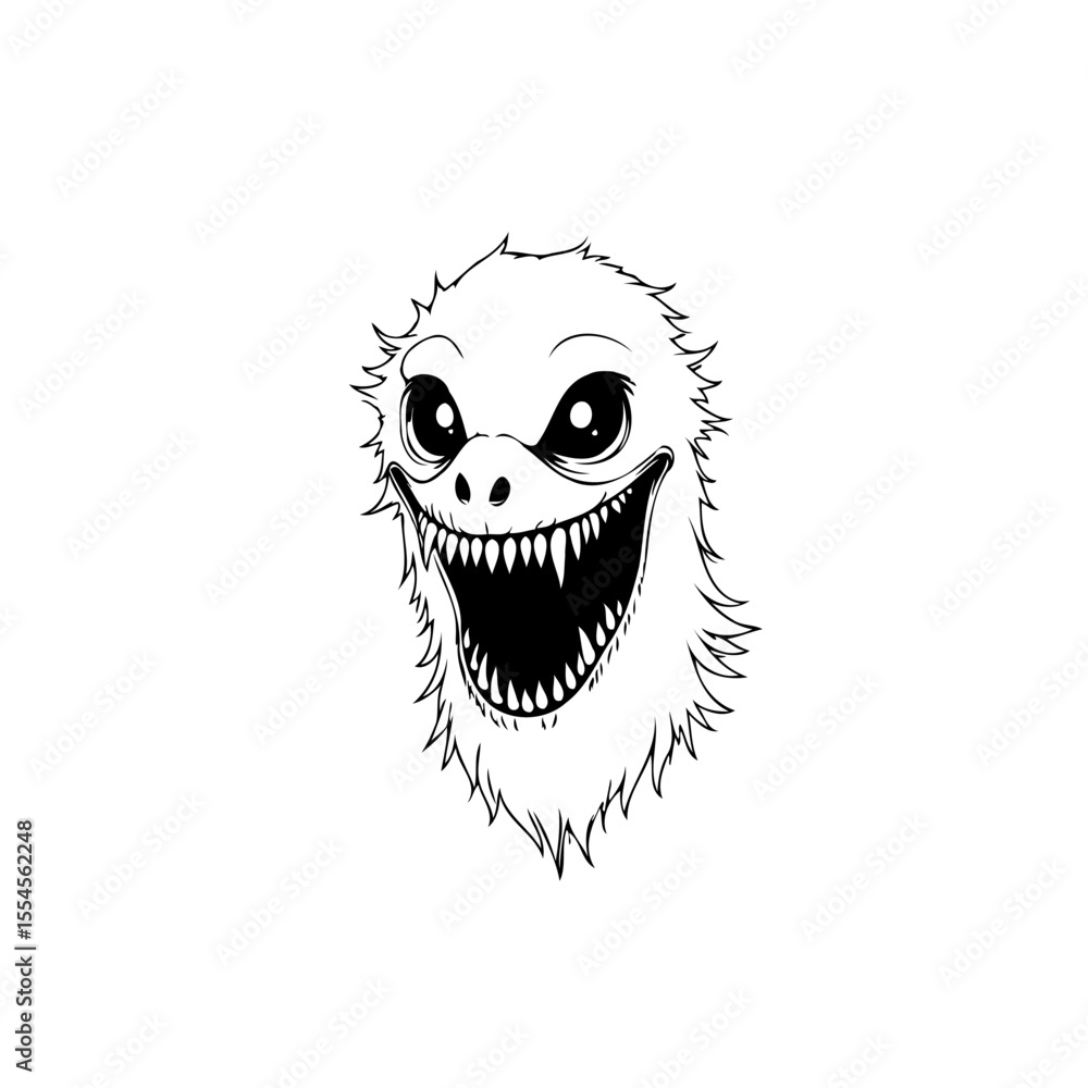 Obraz premium Drawing of a creepy cartoon monster head with sharp teeth and a sinister smile on white background