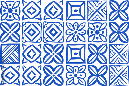 Italian blue ceramic tile pattern. Doodle sketch ink. Mediterranean porcelain pottery. Minimalist vector line art. Mexican talavera, portuguese azulejo, spanish majolica, arabesque motif
