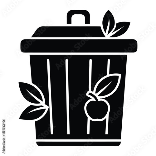 Silhouette illustration of a compost bin filled with apple cores and fallen leaves symbolizing eco friendly waste management and organic recycling