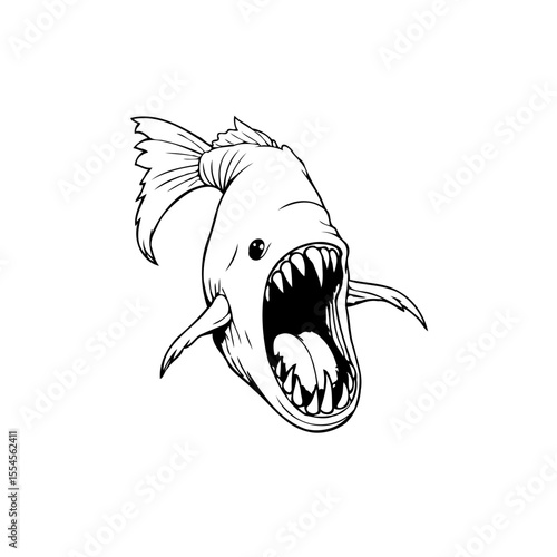 Intense ferocious fish predator with sharp teeth in black and white illustration artwork style image
