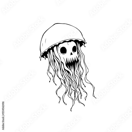 An intricate monochrome illustration featuring a skull-faced jellyfish with flowing tentacles against a stark white background creating a surreal image