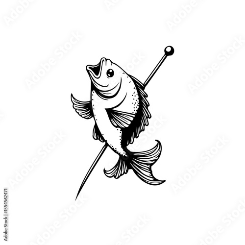A stylized vintage monochrome illustration of a fish pierced by a fishing spear depicted creatively