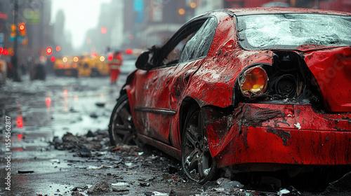 Wallpaper Mural red car badly wrecked after severe crash with debris on asphalt, urban street background, traffic lights and buildings visible Torontodigital.ca
