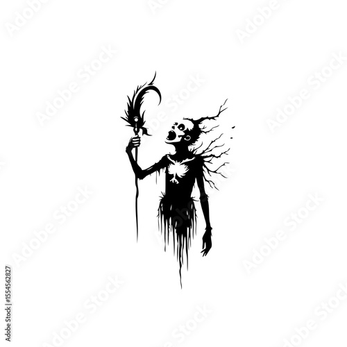 Creepy dark illustration skeleton with staff, perfect for horror theme graphic designs and halloween graphic design projects to scare audiences