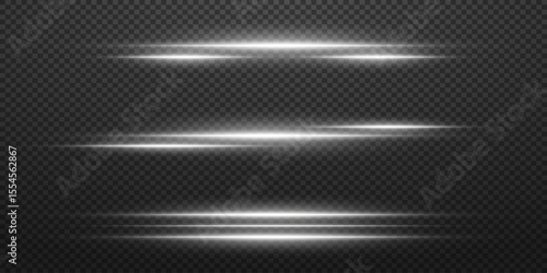Collection of white neon laser beams, horizontal lines of light. Vector. On a transparent background.