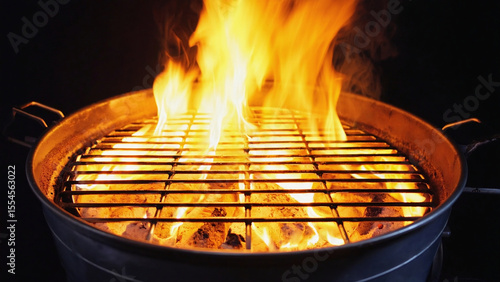 Close up of a charcoal grill with bright orange flames and glowing embers on a dark background