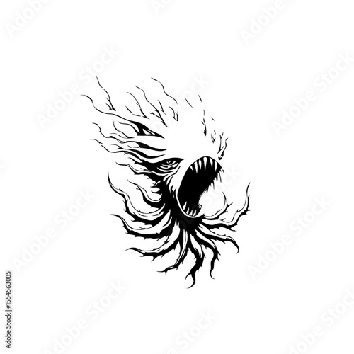 Monochromatic spectral horror with open mouth and sharp teeth, vector graphic scary monster illustration spooky creature dark background evil