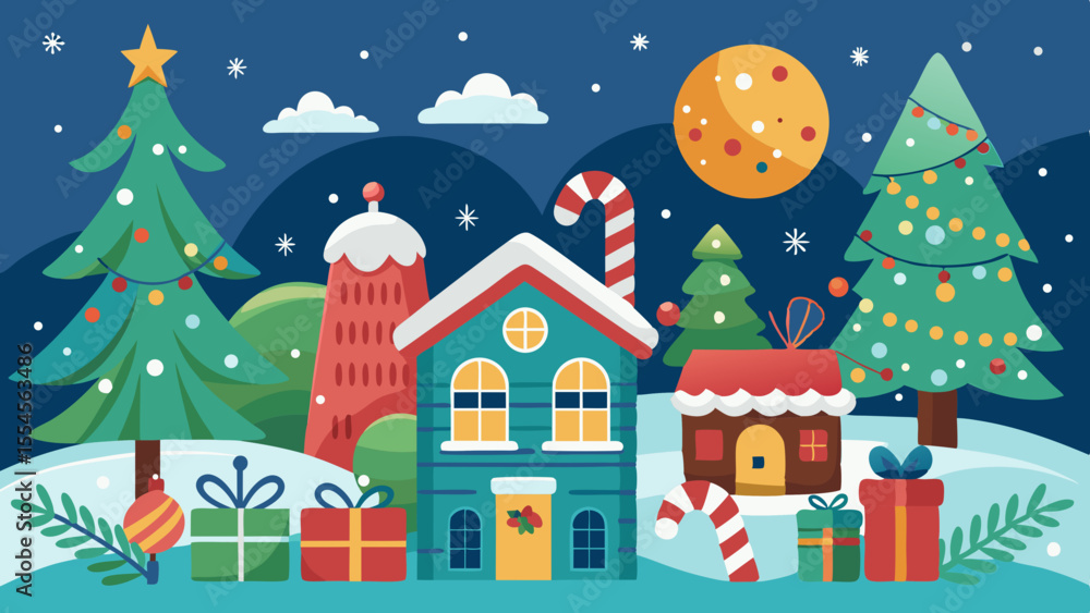 Fototapeta premium Charming christmas village scene with decorated trees and houses under a starry night sky
