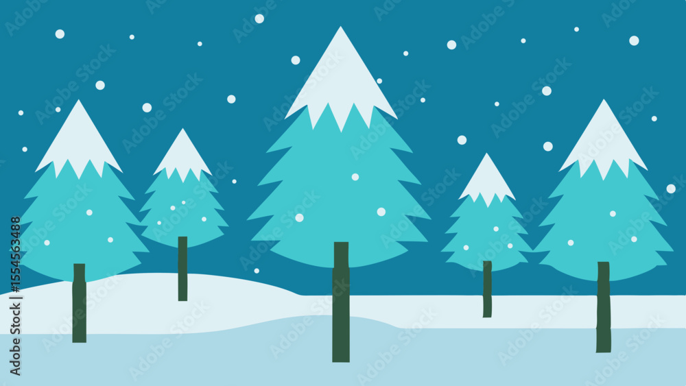 Obraz premium Stylized flat illustration of snow covered pine trees in a winter landscape