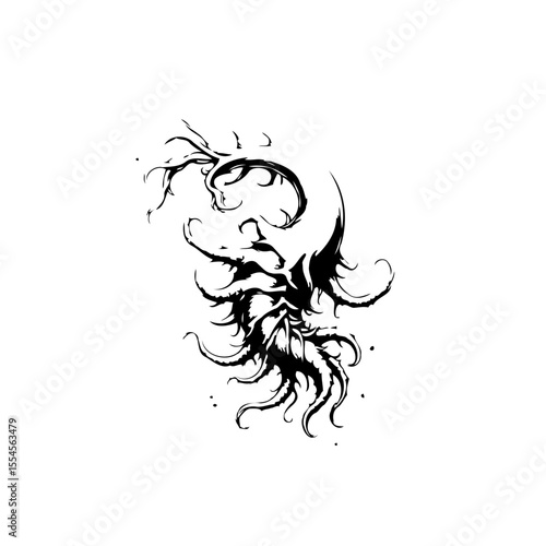 Abstract dark art illustration featuring mysterious creatures with swirling tentacles and sharp edges design