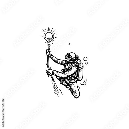 Diver holding glowing lightbulb underwater representing innovative ideas and solutions for aquatic challenges and discoveries