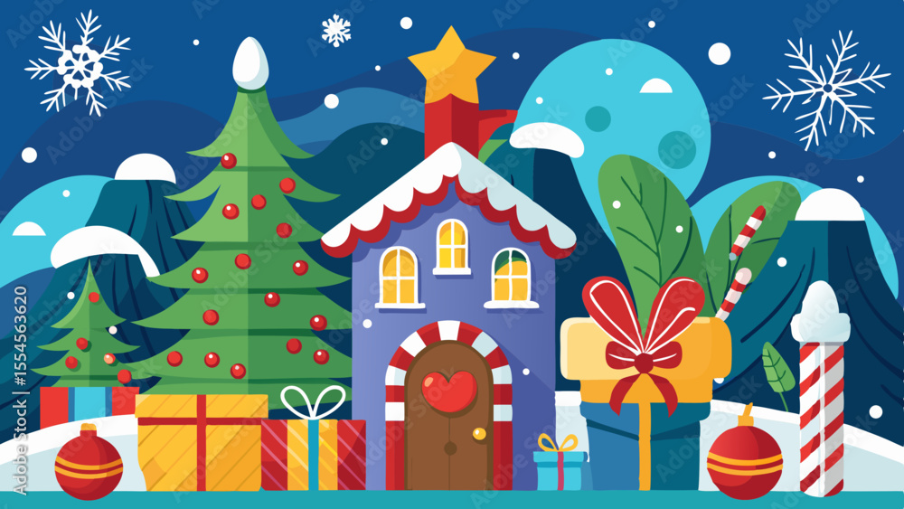 Obraz premium Charming christmas village scene with decorated trees presents and festive house