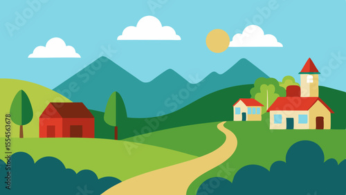 Flat design cityscape with park bench trees and buildings under a blue sky