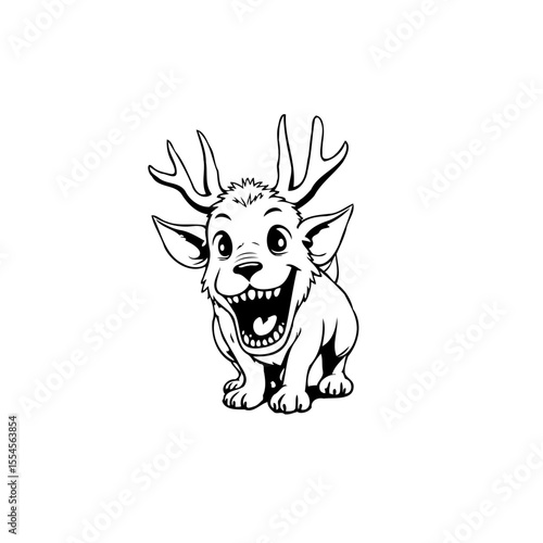 Whimsical creature with antlers and big grin invites wonder, a cartoonish beast with unique charm