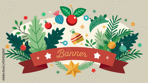 Festive christmas banner with holly berries pine branches and ornaments