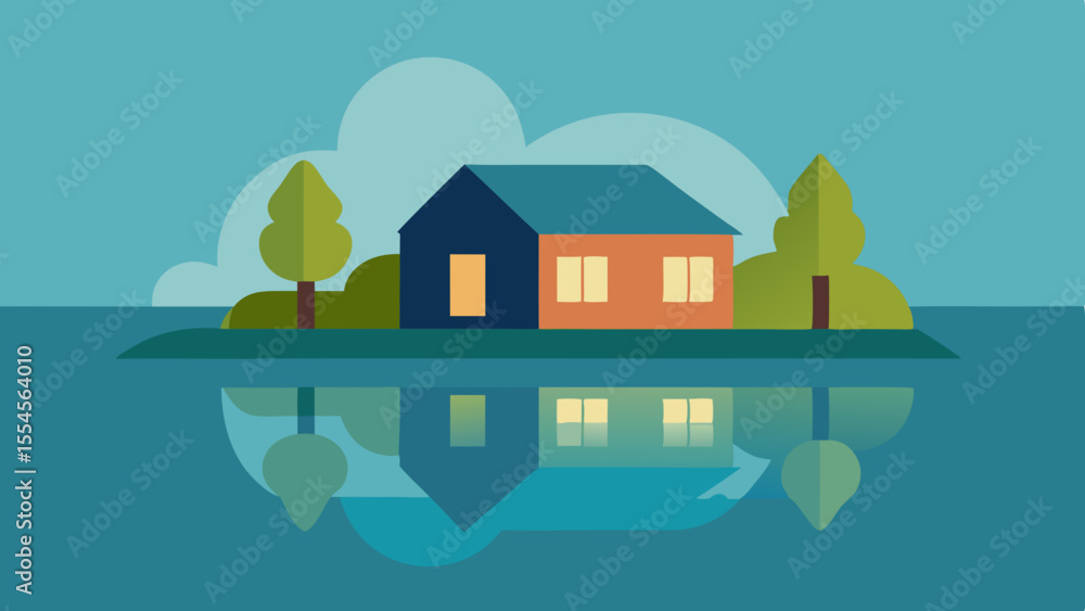 Naklejka premium Cozy house with reflection on calm blue water and stylized trees