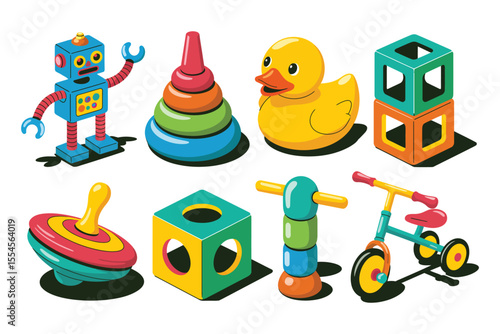 Vibrant illustration of colorful toys including robot duck and stackable toy

