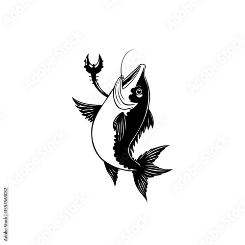 Monochrome illustration showcasing a caught fish impaled by a crab, featuring artistic black, and white design, isolated style