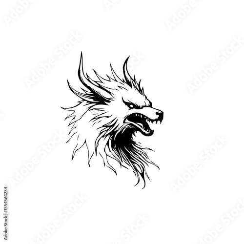 Detailed fierce wolf head vector illustration showcasing aggression and power within a minimalist line art design